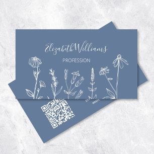 Wilde bloemen Stofblauw   QR-code Visitekaartje