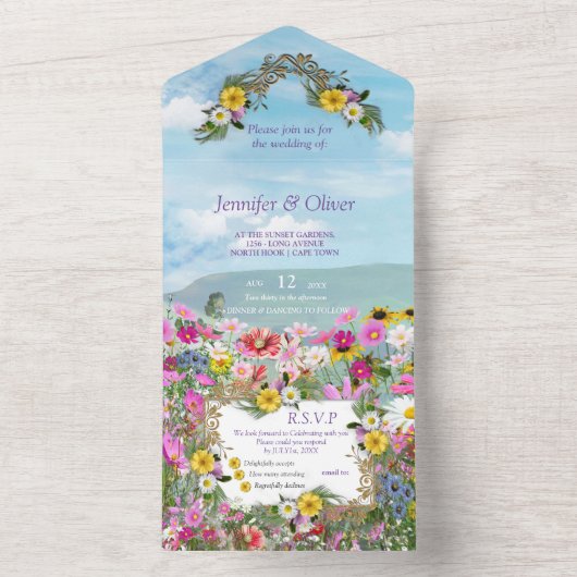 Wilde bloemen tegen een blauwe hemel all in one uitnodiging (Binnen)