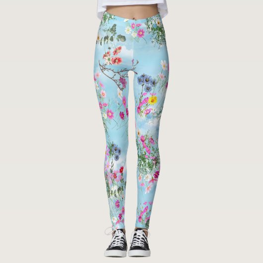 Wilde bloemen tegen een blauwe hemel leggings (Voorkant)