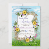 Wilde bloemen tegen een uitnodiging voor een blauw (Voorkant)