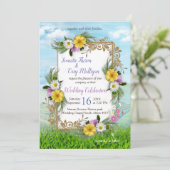 Wilde bloemen tegen een uitnodiging voor een blauw (Staand voorkant)