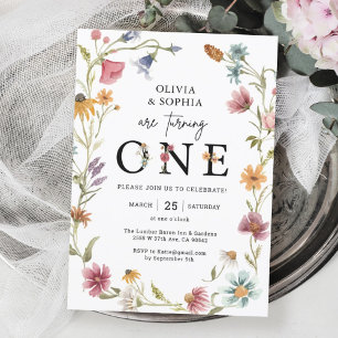 Wilde Bloemen Thema 1e Verjaardagsfeest Tweeling Kaart