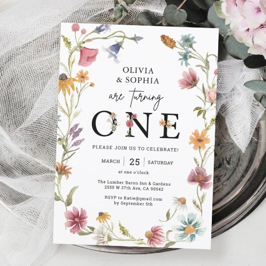 Wilde Bloemen Thema 1e Verjaardagsfeest Tweeling Kaart