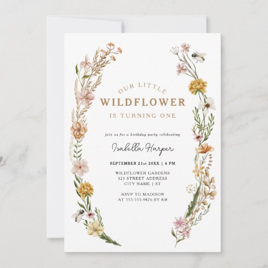 Wilde Bloemen Thema Meisje 1e Verjaardag Kaart (Voorkant)