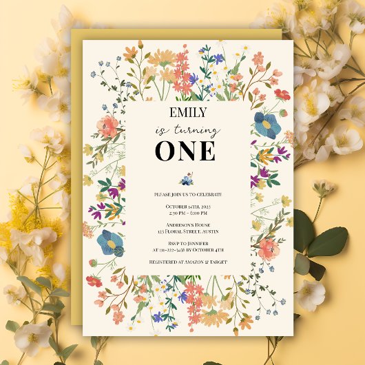 Wilde Bloemen Thema Meisje Eerste Verjaardag Kaart