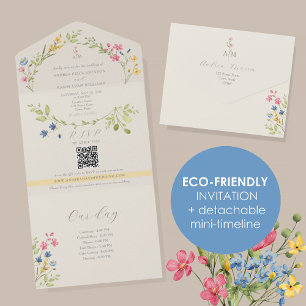 Wilde Bloemen Tijdslijn Aquarel Bruiloft All In One Uitnodiging