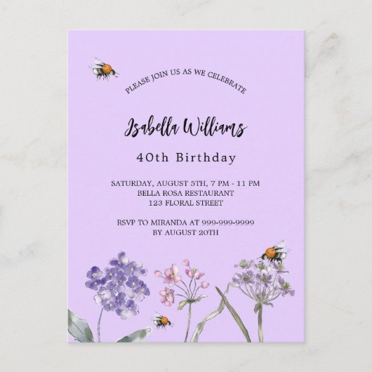 Wilde bloemen van het Birthday-feest overtreden ro Uitnodiging Briefkaart (Voorkant)