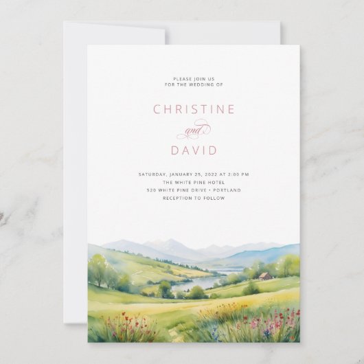 Wilde Bloemen Veld En Bergen Rustieke Bruiloft Kaart (Voorkant)