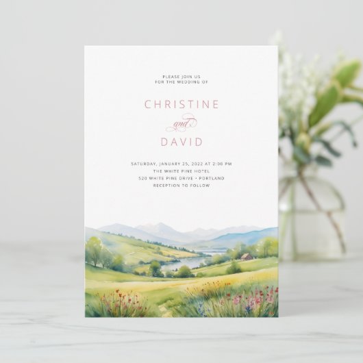 Wilde Bloemen Veld En Bergen Rustieke Bruiloft Kaart (Staand voorkant)
