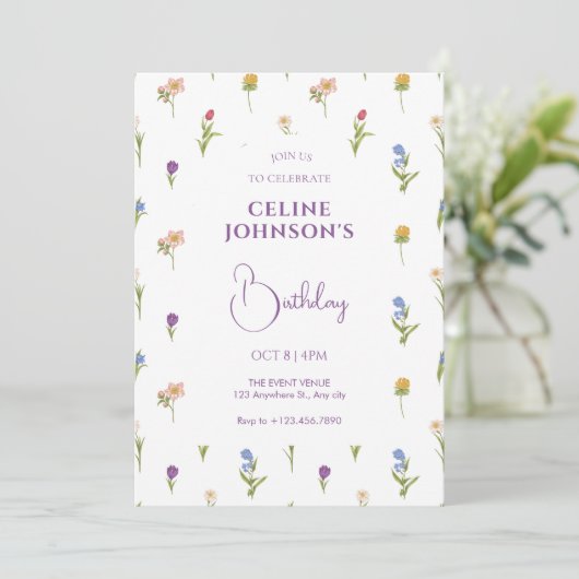 Wilde bloemen verjaardag Uitnodiging (Staand voorkant)