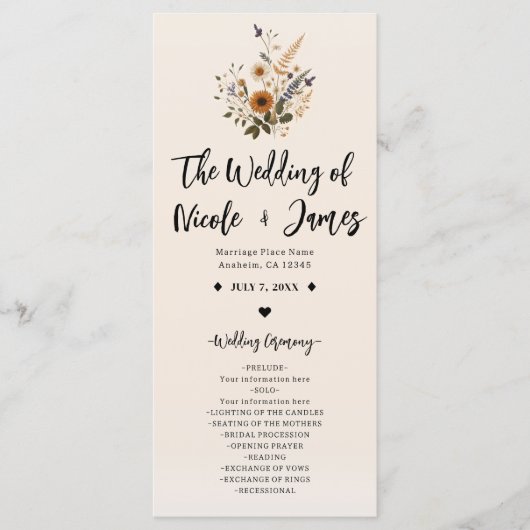 Wilde Bloemen Vintage Bloemen Boho Trouwprogramma Programmakaart (Voorkant)