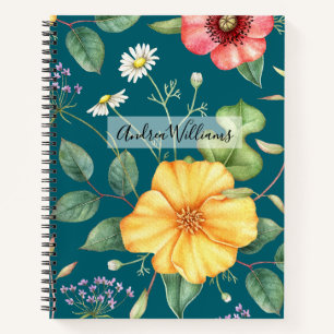 Wilde Bloemen Vintage Tekening Teal / Natuur Notitieboek