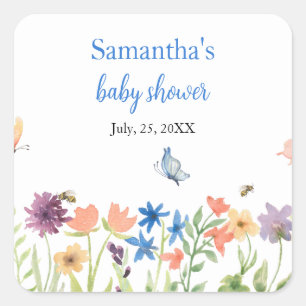 wilde bloemen vlinder tuinblauw baby shower vierkante sticker