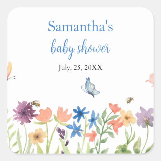 wilde bloemen vlinder tuinblauw baby shower vierkante sticker (Voorkant)