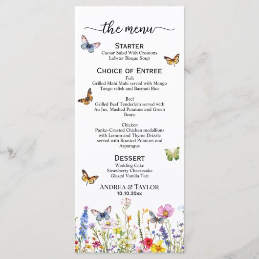 Wilde Bloemen Vlinders Elegant 4x9'' Trouw Menu (Voorkant)