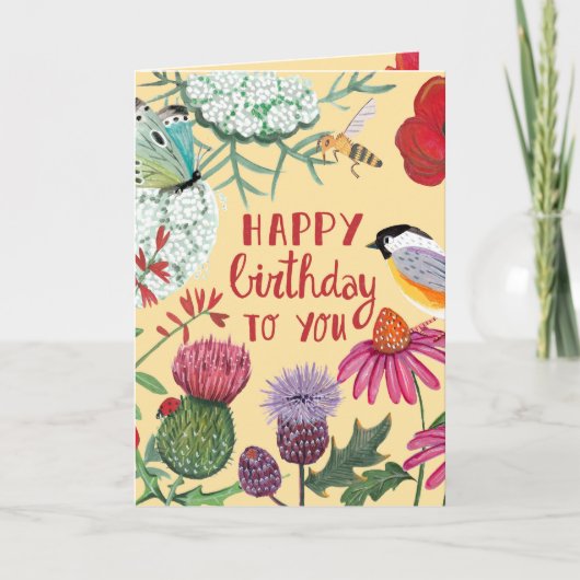 Wilde Bloemen Vogel Verjaardag Kaart (Voorkant)