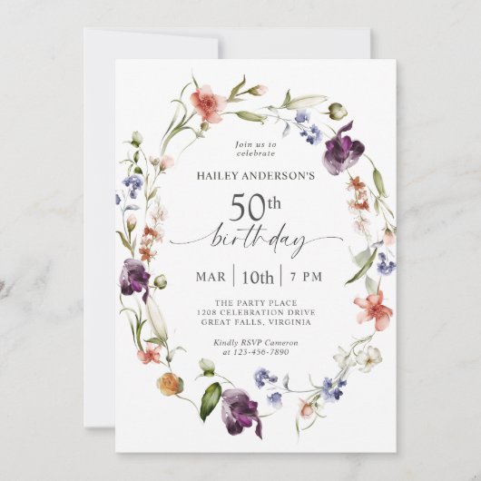 Wilde Bloemen Vrouwelijke Bloemige 50e Verjaardags Kaart (Voorkant)