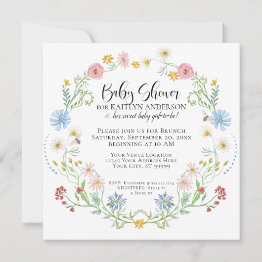 Wilde bloemen Waterverf baby Girl Shower Kaart (Voorkant)