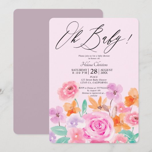 Wilde bloemen waterverf baby shower bloem kaart (Voorkant / Achterkant)