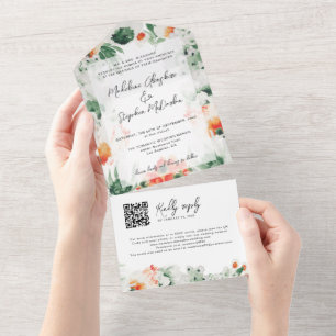 Wilde bloemen waterverf botanische QR-code All In One Uitnodiging