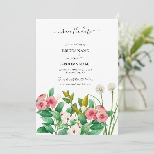 Wilde bloemen Waterverf bruiloft Periwinkle Save The Date (Staand voorkant)