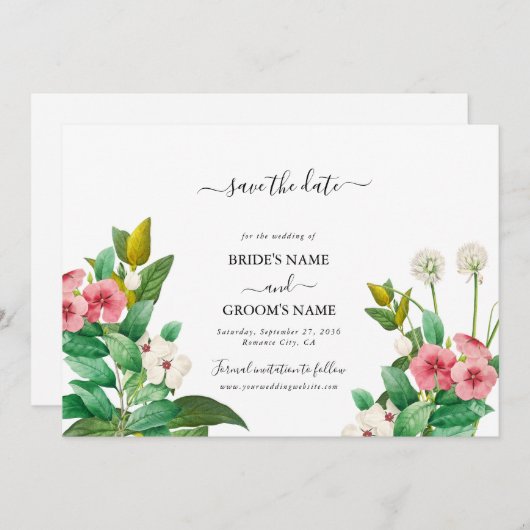 Wilde bloemen Waterverf bruiloft Periwinkle Save The Date (Voorkant / Achterkant)