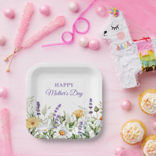 Wilde bloemen Waterverf Grens Happy Moederdag Papieren Bordje (Feest)