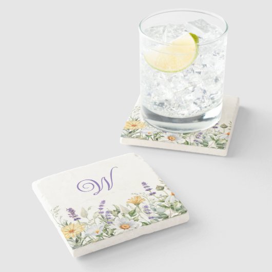 Wilde bloemen Waterverf Grensmonogram Stenen Onderzetter (Zijkant)
