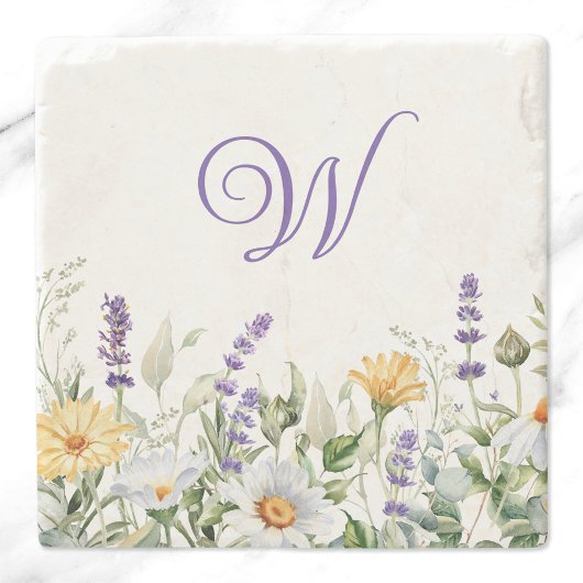 Wilde bloemen Waterverf Grensmonogram Stenen Onderzetter