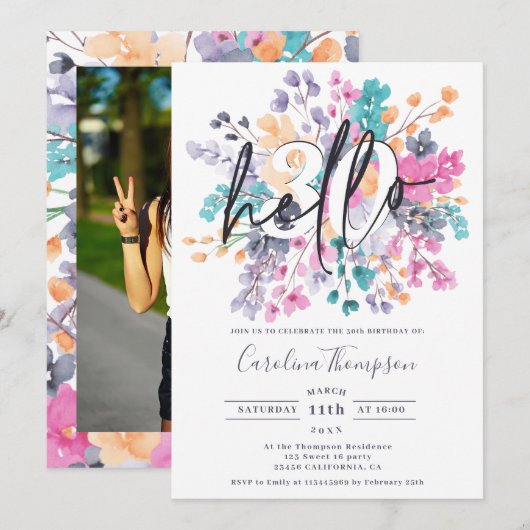 Wilde bloemen waterverf hallo floral chic foto kaart (Voorkant / Achterkant)