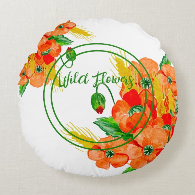 Wilde bloemen waterverf rond kussen (Voorkant)