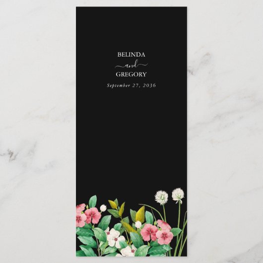 Wilde bloemen Waterverf Zwarte bruiloft Menu (Achterkant)