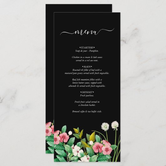 Wilde bloemen Waterverf Zwarte bruiloft Menu (Voorkant / Achterkant)