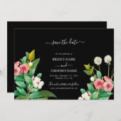 Wilde bloemen Waterverf Zwarte bruiloft Save The Date (Voorkant / Achterkant)