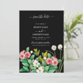 Wilde bloemen Waterverf Zwarte bruiloft Save The Date (Staand voorkant)