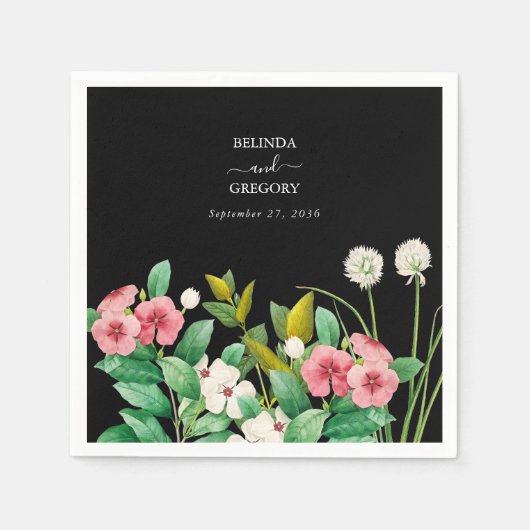 Wilde bloemen Waterverf Zwarte bruiloft Servet (Voorkant)