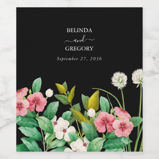 Wilde bloemen Waterverf Zwarte bruiloft Wijn Etiket (Enkel label)
