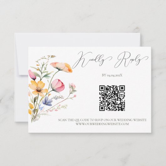 Wilde Bloemen Weide Waterverf Bruiloft QR Code RSVP Kaartje (Voorkant)