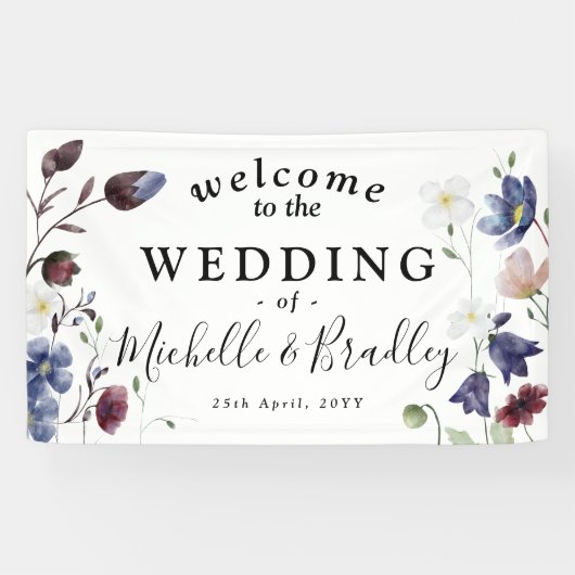 Wilde bloemen 'Welkom bij' Chic Boho Bruiloft Spandoek (Horizontaal)