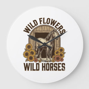 Wilde Bloemen Wilde Paarden Vintage Western T-shir Grote Klok