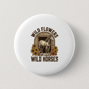 Wilde Bloemen Wilde Paarden Vintage Western T-shir Ronde Button 5,7 Cm