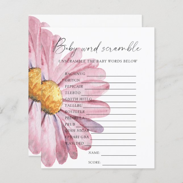 Wilde bloemen Woordscramble baby shower game (Voorkant / Achterkant)