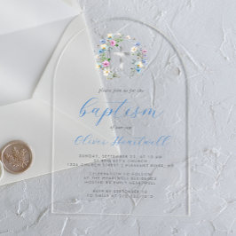 Wilde bloemen Zilver Kruis Blauwe Schrift Jongens  Acryl Uitnodigingen