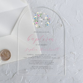 Wilde bloemen Zilver Kruis Roze Schrift Meisje Doo Acryl Uitnodigingen