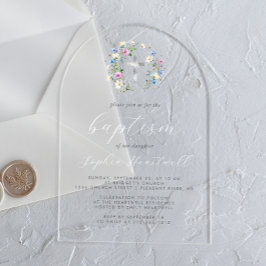 Wilde bloemen Zilver Kruis Wit Schrift Doop Acryl Uitnodigingen
