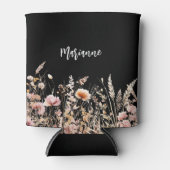 Wilde bloemen zwarte aangepaste naam script blikjeskoeler (Voorkant)