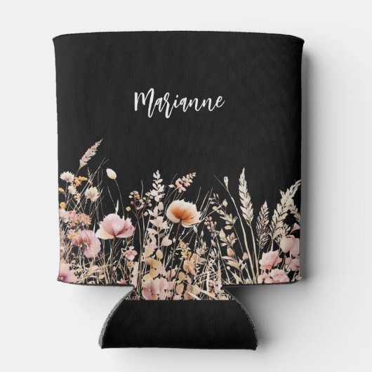 Wilde bloemen zwarte aangepaste naam script blikjeskoeler (Achterkant)