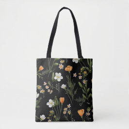 Wilde bloemen zwarte achtergrond tote bag