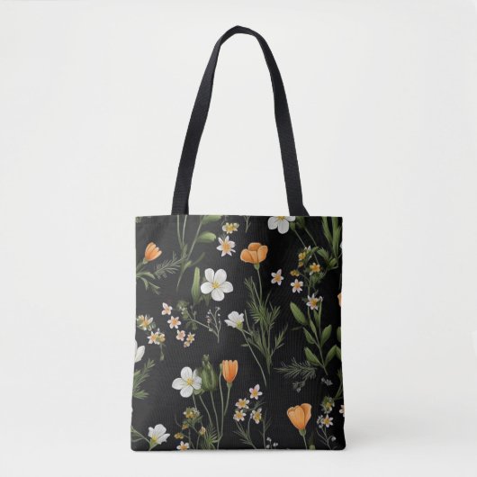 Wilde bloemen zwarte achtergrond tote bag (Voorkant)