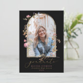 Wilde bloemen Zwarte Foto Afstuderen Aankondiging (Staand voorkant)